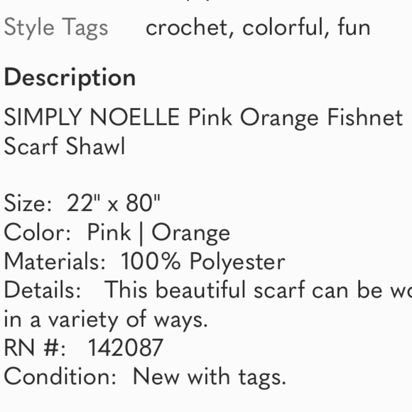 SIMPLY NOELLE Pink Orange Coral Crochet Fishnet Scarf Shawl NWT - Picture 6 of 6